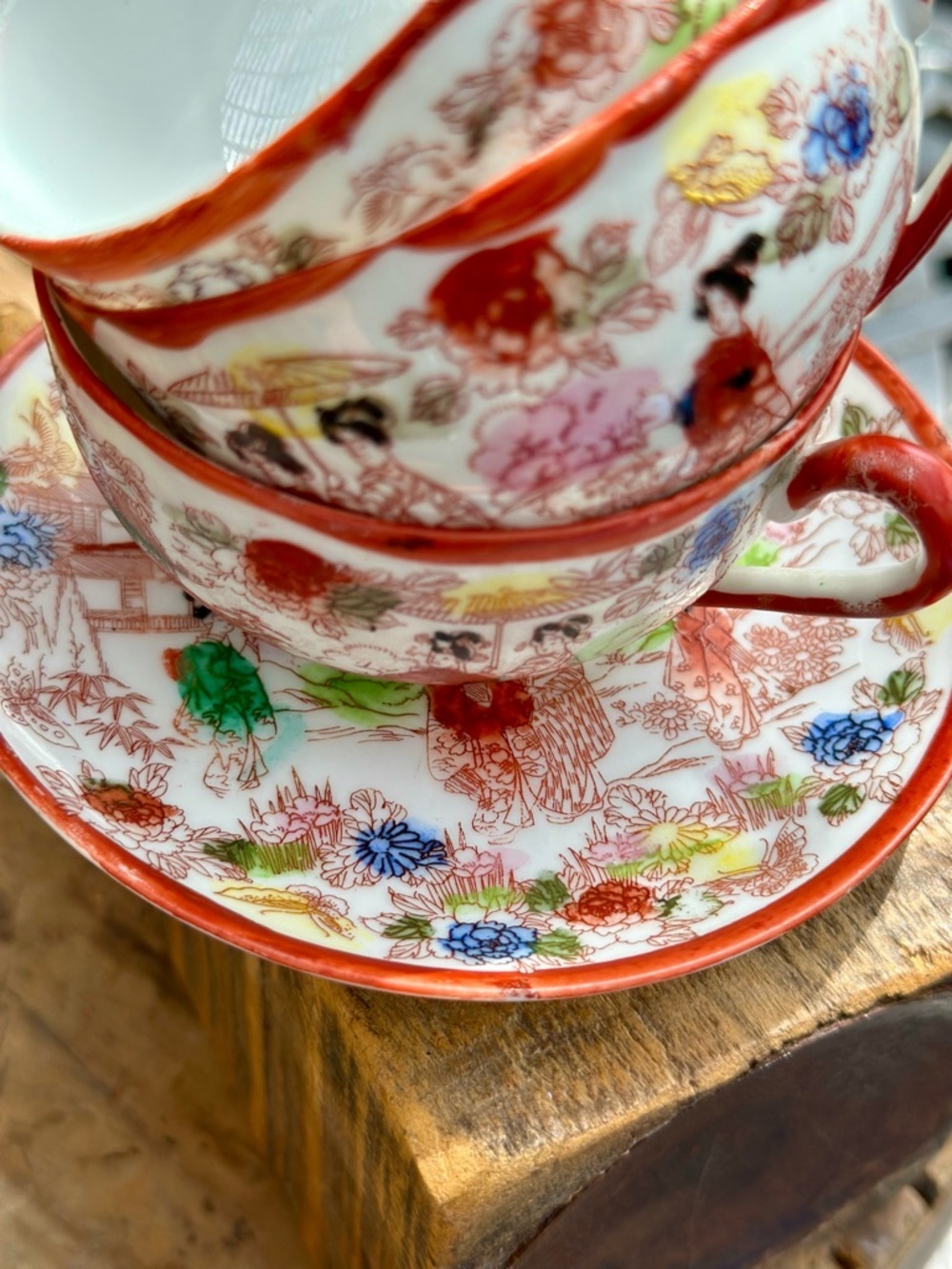 3 Vintage Geisha Garden Hand Painted Red Rimmed Tea Cups With 1 Saucer - Picture 7 of 8